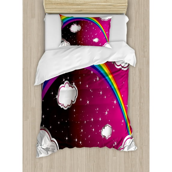 Cartoon Duvet Cover Set, Rainbow Colored Image with Colors Star Like Details Themed Art, Decorative 2 Piece Bedding Set with 1 Pillow Shams, Twin Size, Maroon and White, by Ambesonne