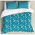thumbnail image 1 of Cartoon Duvet Cover Set, Raindrops Clouds with Sun Stormy Weather Thunder Lightning Sky Items, Decorative 3 Piece Bedding Set with 2 Pillow Shams, King Size, Sea Blue White Mustard, by Ambesonne, 1 of 3