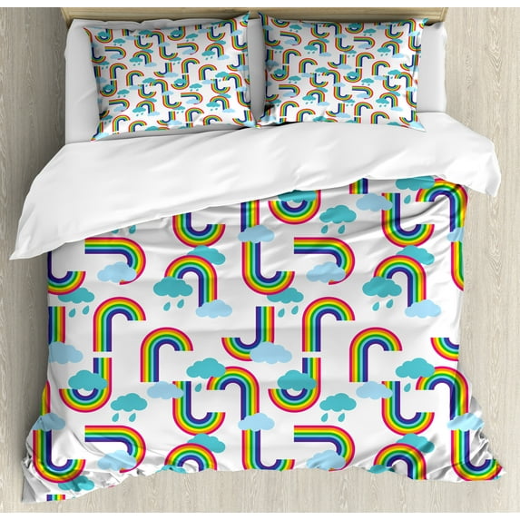 Cartoon Duvet Cover Set, Repeating Themed Pattern of Rainbows and Clouds Sky Elements, Decorative 3 Piece Bedding Set with 2 Pillow Shams, Calking Size, Off White and Multicolor, by Ambesonne