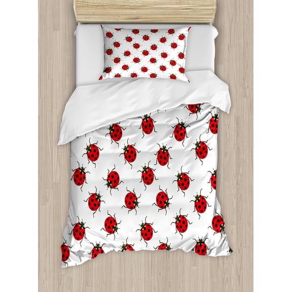 Cartoon Duvet Cover Set, Repetitive Ladybugs Pattern of Dotted Marked Animal Theme Funny Cartoonish Print, Decorative 2 Piece Bedding Set with 1 Pillow Shams, Twin Size, White and Red, by Ambesonne