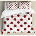 thumbnail image 1 of Cartoon Duvet Cover Set, Repetitive Ladybugs Pattern of Dotted Marked Animal Theme Funny Cartoonish Print, Decorative 3 Piece Bedding Set with 2 Pillow Shams, Queen Size, White and Red, by Ambesonne, 1 of 3
