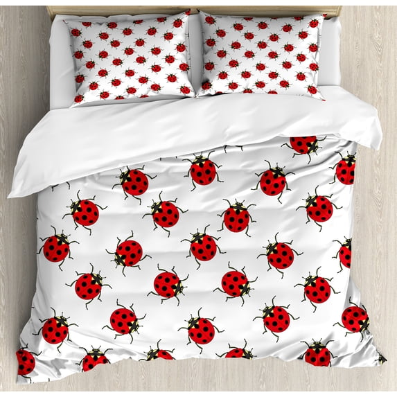 Cartoon Duvet Cover Set, Repetitive Ladybugs Pattern of Dotted Marked Animal Theme Funny Cartoonish Print, Decorative 3 Piece Bedding Set with 2 Pillow Shams, Queen Size, White and Red, by Ambesonne