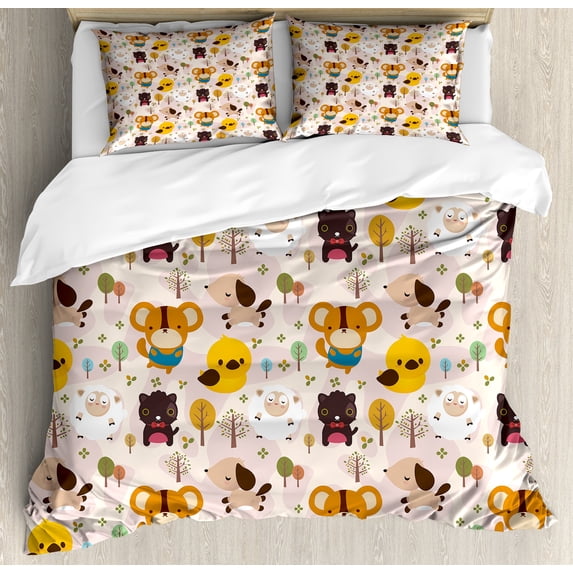 Cartoon Duvet Cover Set, Style Animal Caricatures Very Jungle Inhabitants Pattern Snowy Forest, Decorative 3 Piece Bedding Set with 2 Pillow Shams, Queen Size, Multicolor, by Ambesonne