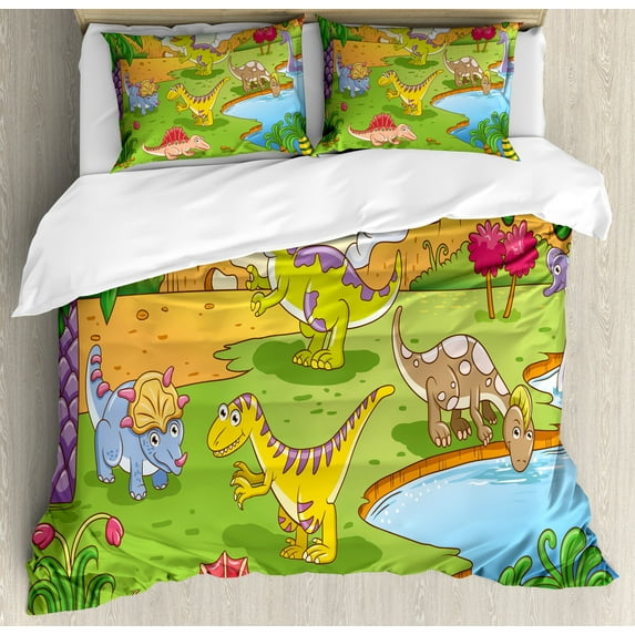 Cartoon Duvet Cover Set, Style Animals in Prehistoric Scene Meadow Trees and Flowers, Decorative 3 Piece Bedding Set with 2 Pillow Shams, King Size, Pale Coffee Lime Green, by Ambesonne