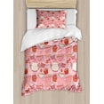 thumbnail image 1 of Cartoon Duvet Cover Set, Teapots Cups with Polka Dots Patterns Cherries Cakes Tea Coffee Pattern, Decorative 2 Piece Bedding Set with 1 Pillow Shams, Twin Size, Pink Orange and Red, by Ambesonne, 1 of 3