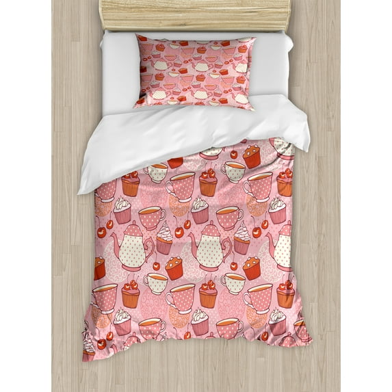 Cartoon Duvet Cover Set, Teapots Cups with Polka Dots Patterns Cherries Cakes Tea Coffee Pattern, Decorative 2 Piece Bedding Set with 1 Pillow Shams, Twin Size, Pink Orange and Red, by Ambesonne