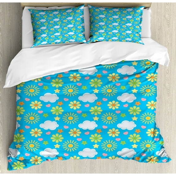 Cartoon Duvet Cover Set, Theme Sun Sky Clouds Stars Hearts Stitched Look Floral Design, Decorative 3 Piece Bedding Set with 2 Pillow Shams, King Size, Sky Blue Multicolor, by Ambesonne