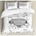 thumbnail image 1 of Cartoon Duvet Cover Set, Themed Heat Balloon with Clouds and Circles Hand Print Sketch Style, Decorative 3 Piece Bedding Set with 2 Pillow Shams, Calking Size, Black and White, by Ambesonne, 1 of 3