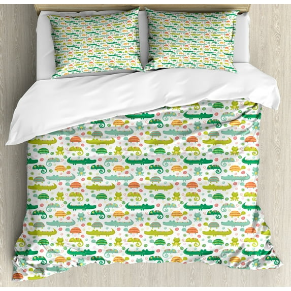 Cartoon Duvet Cover Set, Themed Reptile and Amphibian Animals Pattern Frog Gator Turtle, Decorative 3 Piece Bedding Set with 2 Pillow Shams, Queen Size, Multicolor, by Ambesonne