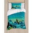 thumbnail image 1 of Cartoon Duvet Cover Set Twin Size, Seascape Underwater with Treasure Galleon and Sunk Ship Pirate Kids Print, Decorative 2 Piece Bedding Set with 1 Pillow Sham, Teal and Yellow, by Ambesonne, 1 of 3
