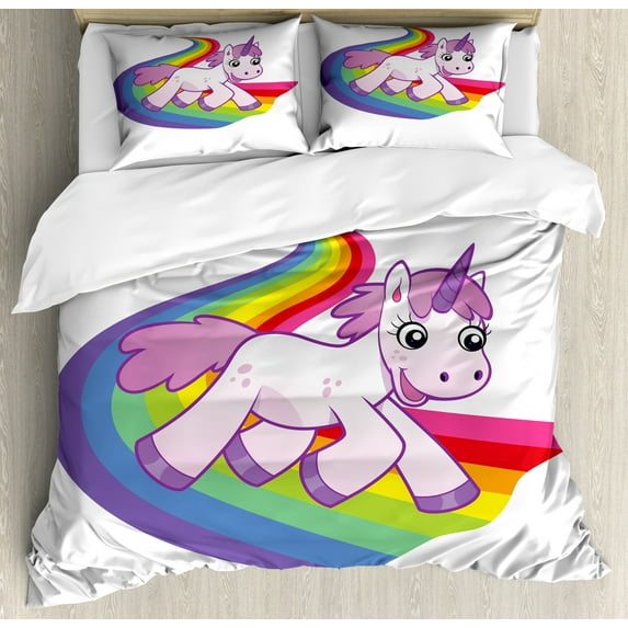 Cartoon Duvet Cover Set, Unicorn Runs on the Rainbow Mythological Fantasy Creature Image, Decorative 3 Piece Bedding Set with 2 Pillow Shams, King Size, White Lilac, by Ambesonne