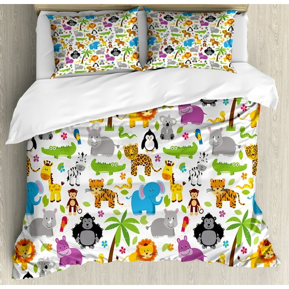 Cartoon Duvet Cover Set, Various Types of Animals Drawn Manner Lions Koalas Tigers Crocodiles Monkeys, Decorative 3 Piece Bedding Set with 2 Pillow Shams, King Size, Multicolor, by Ambesonne