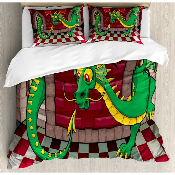Cartoon Duvet Cover Set, Video Game Design Inside the Castle with Dragon Fantasy World Medieval Illustration, Decorative 3 Piece Bedding Set with 2 Pillow Shams, King Size, Ruby Green, by Ambesonne