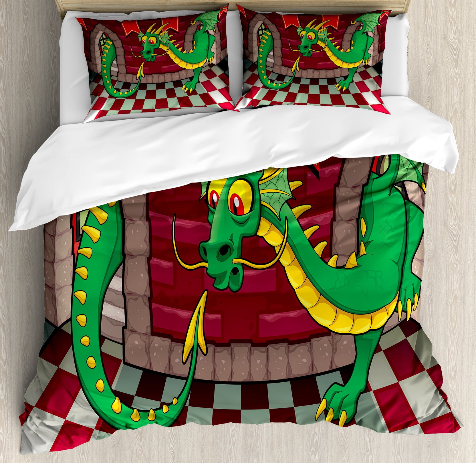 Ruby Green Cartoon Dragon Queen Duvet Cover Set