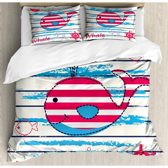 Cartoon Duvet Cover Set, Whale Swimming Fish Sailor Marine World Image Print, Decorative 3 Piece Bedding Set with 2 Pillow Shams, King Size, Cream Red Blue, by Ambesonne