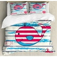 thumbnail image 1 of Cartoon Duvet Cover Set, Whale Swimming Fish Sailor Marine World Image Print, Decorative 3 Piece Bedding Set with 2 Pillow Shams, Queen Size, Cream Red Blue, by Ambesonne, 1 of 3
