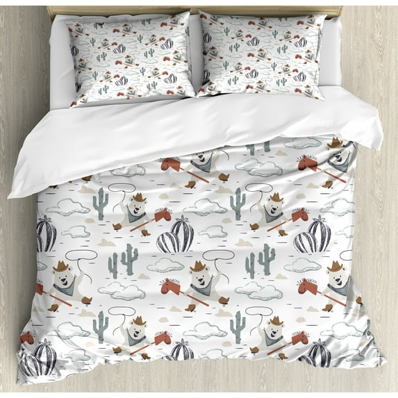 Cartoon Duvet Cover Set, Wild West Pattern with Cowboy Bear Cacti, Decorative 3 Piece Bedding Set with 2 Pillow Shams, King Size, Tan Blue Violet, by Ambesonne