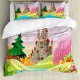 thumbnail image 1 of Cartoon Duvet Cover Sets, Themed ish Graphic with Castle in Dreamy Forest River Mushrooms, Bedding Set with 2 Duvet Covers & 4 Pillowcases, 2 Pack Cal King Size, Pink Green, by Ambesonne, 1 of 3