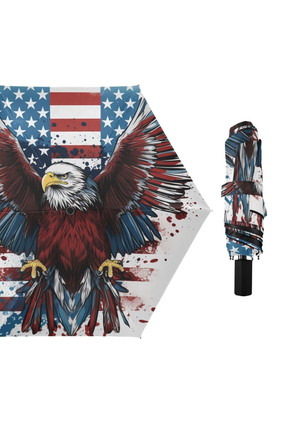 Cartoon Eagle with American Flag Compact Sun Umbrella Windproof Travel Umbrellas for Rain Strong Portable UV Protection