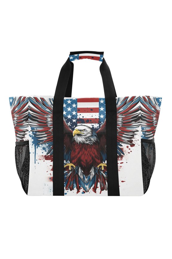 Cartoon Eagle with American Flag Reusable Grocery Bags with Handle Side Pocket Waterproof Shopping Portable Tote
