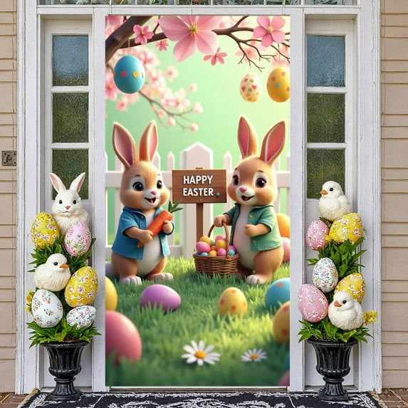 Cartoon Easter Bunny Banner Blue Bow Tie Rabbit Door Cover Pink Polka Dots Fluffy Texture Bunny Backdrop for Easter Decoration Door Decor Kids Party