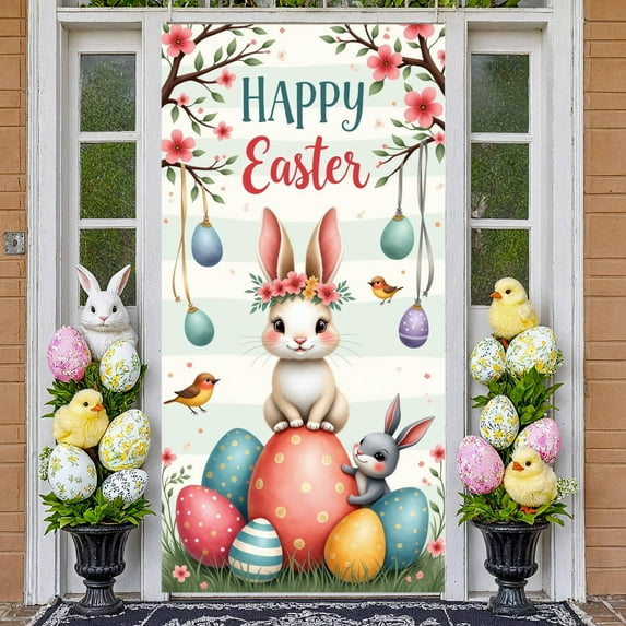 Cartoon Easter Bunny Banner Blue Bow Tie Rabbit Door Cover Pink Polka Dots Fluffy Texture Bunny Backdrop for Easter Decoration Door Decor Kids Party