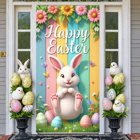 Cartoon Easter Bunny Banner Blue Bow Tie Rabbit Door Cover Pink Polka Dots Fluffy Texture Bunny Backdrop for Easter Decoration Door Decor Kids Party