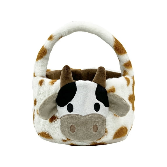 Gupgi Easter Cartoon Cow Basket Cute Plush Cow Candy Basket for Girl Boy Easter Egg