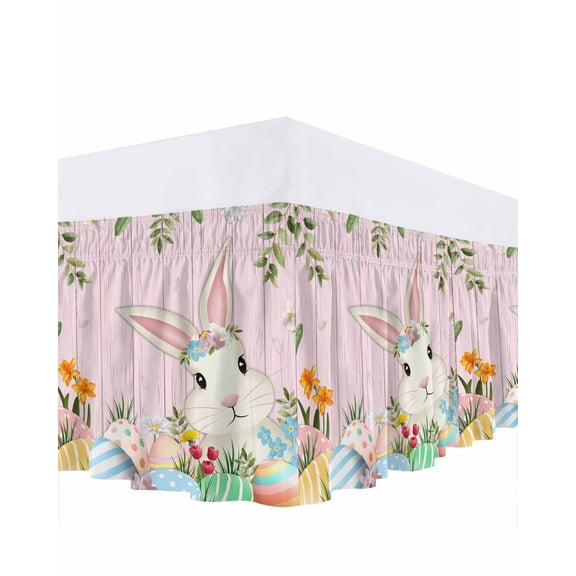 Cartoon Easter Rabbits Bed Skirt Queen Size 16 Inch Drop, Animal Egg Floral Leaf Pink Wood Grain Adjustable Elastic Dust Ruffles Bedskirt for Queen Bed Wrap Around Pleated Mattress Frame Cover