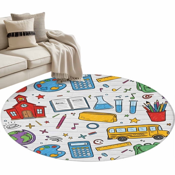 Cartoon Educational Elements Round Rug 3ft Washable Circle Entryway Rugs Non Slip Modern Art Childhood Area Rug Indoor Floor Carpet for Bedroom Kitchen Living Room Home Office Dining Room Nursery