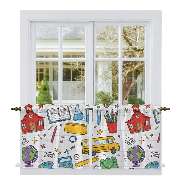 Cartoon Educational Elements Tier Curtains 24 Inch Length, Modern Art Childhood Cafe Short Curtains for Bathroom Over Sink, Small Kitchen Curtain Light Filtering Tiered Drapes 2 Panels 27.5"Wx24"L