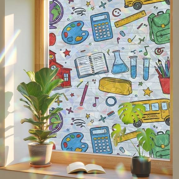Cartoon Educational Elements Window Privacy Film Rainbow Static Cling Stain Glass Window Film for Glass Door, Decorative UV Blocking Sunroof Decal Sticker for Car 17.7"x39.3" Modern Art Childhood