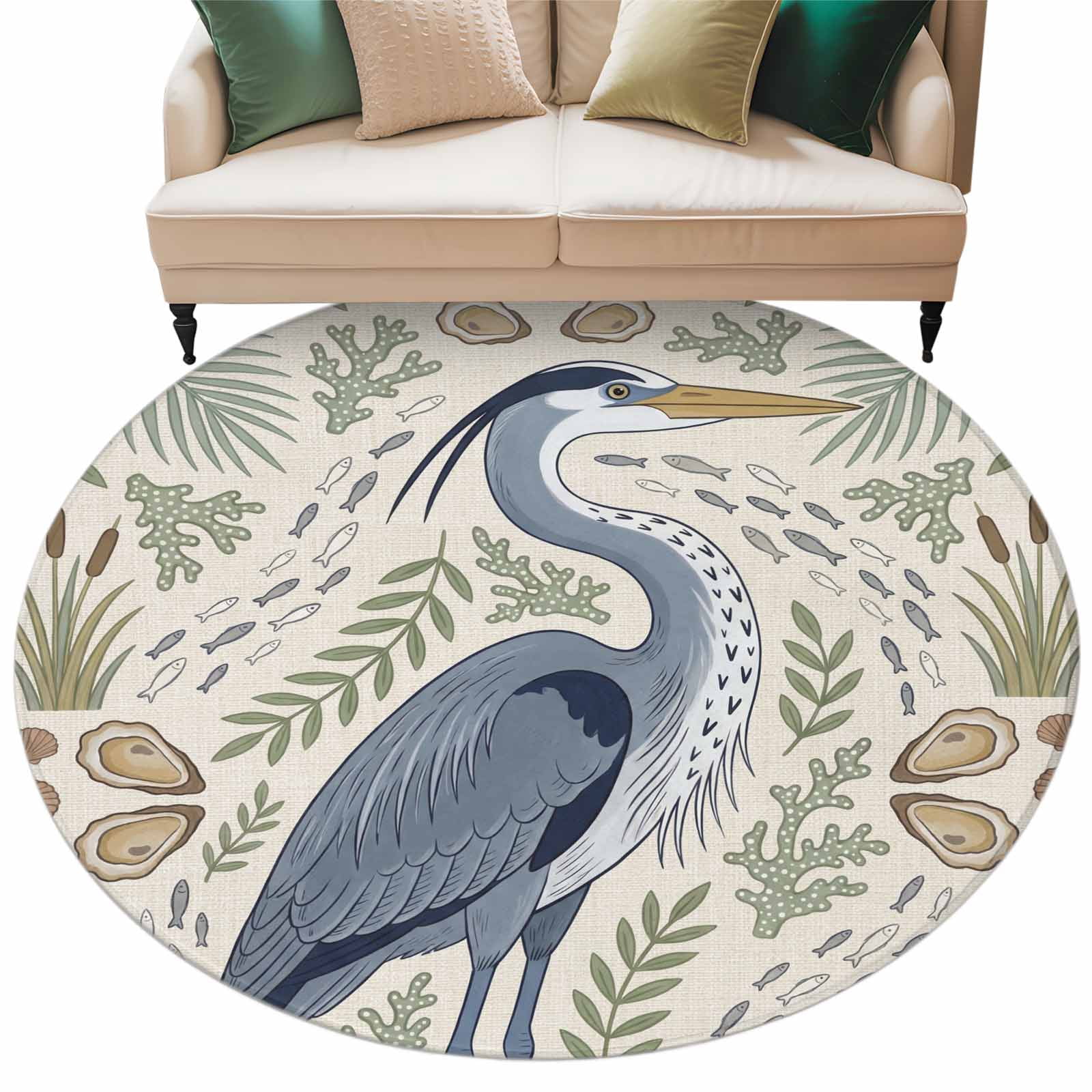 Cartoon Egret Round Rug 7ft Washable Circle Rugs Non Slip Country Bird ...