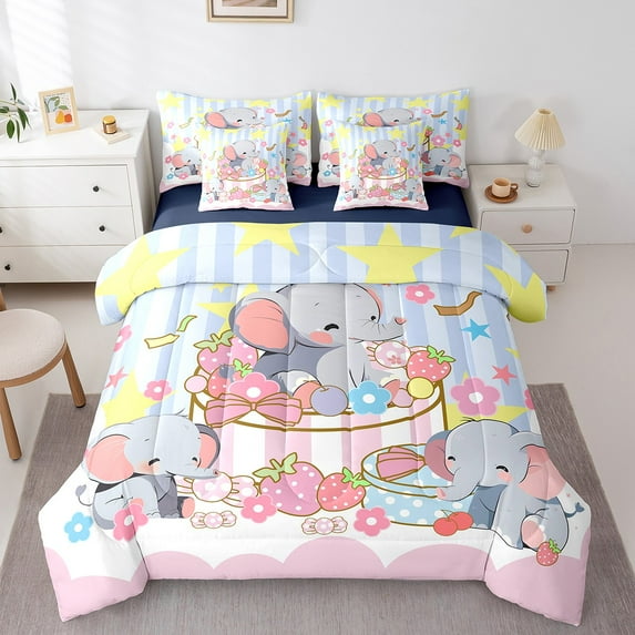Cartoon Elephant Comforter Set Cute Fruits Flowers Stripes Bedding Set Twin Size 7 Pcs,Strawberry Cherry Cadies Bed Set Room Decor Bed in a Bag with Comforter,Sheets,Pillowcases
