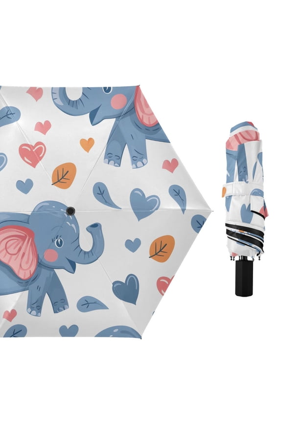 Cartoon Elephant Cute Hearts All Weather Umbrella Triple Folding Parasol 6 Ribs UV Protection Portable