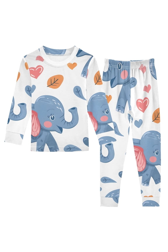 Cartoon Elephant Cute Hearts Cotton Pajama Set Long Sleeve Top and Pants Sleepwear Unisex 6Y