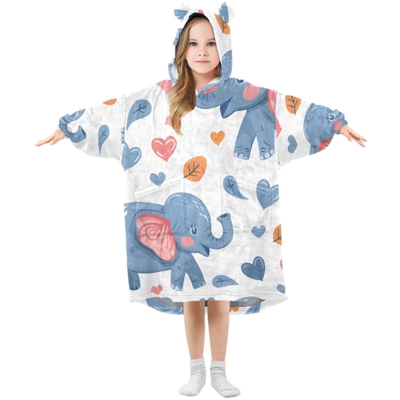 Cartoon Elephant Cute Hearts Flannel Wearable Blankets Hooded Design Long Sleeves Wrap Unisex for 3T-14Y S
