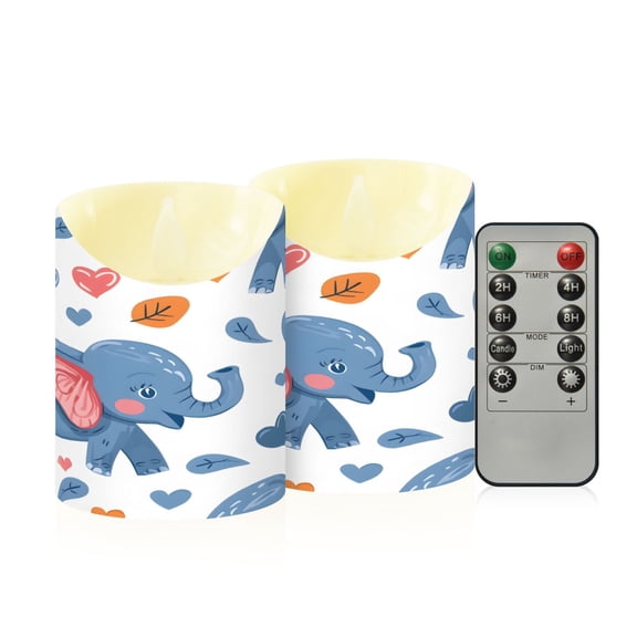 Cartoon Elephant Cute Hearts Flickering Flameless Candles with Remote Timer Battery Operated LED Tealight Set of 2 S