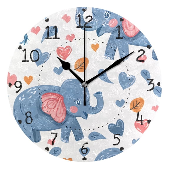 Cartoon Elephant Cute Hearts Round Wall Clock Silent Analog Battery Operated Black Pointer Home Decor 9.84" Diameter