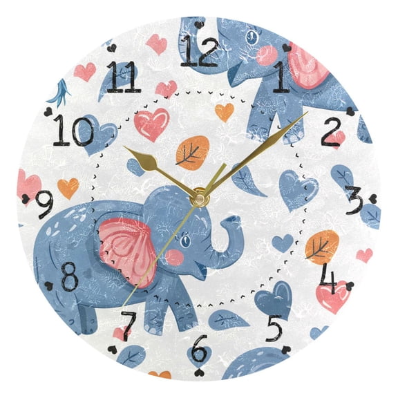 Cartoon Elephant Cute Hearts Round Wall Clock Silent Analog Battery Operated Gold Pointer Home Decor 9.84" Diameter