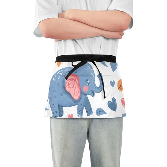 Cartoon Elephant Cute Hearts Short Server Apron with 3 Pockets for Unisex Chef Gardening