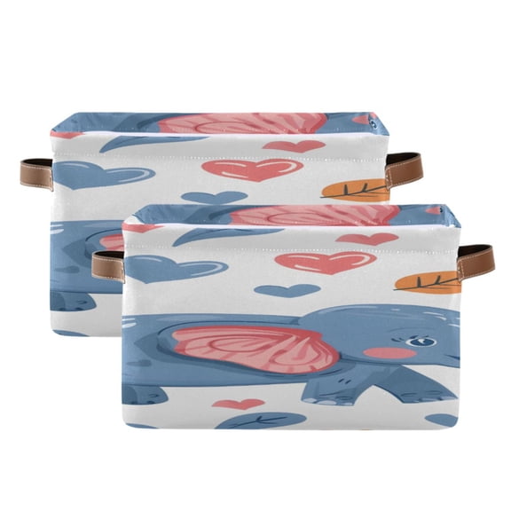 Cartoon Elephant Cute Hearts Square Storage Bins with Handles Collapsible Containing Box 2 Packs