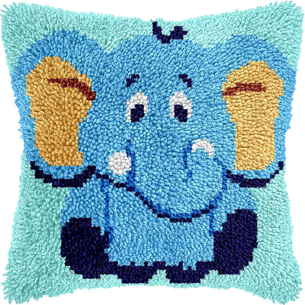 Cartoon Elephant Latch Hook Kits Pillow DIY Pillowcase Crochet Hook Cushion Making Kits with Preprinted Pattern Canvas Instruction Yarns Pillow Cover Easy Starter DIY Crochet Kits 43x43cm（L91)