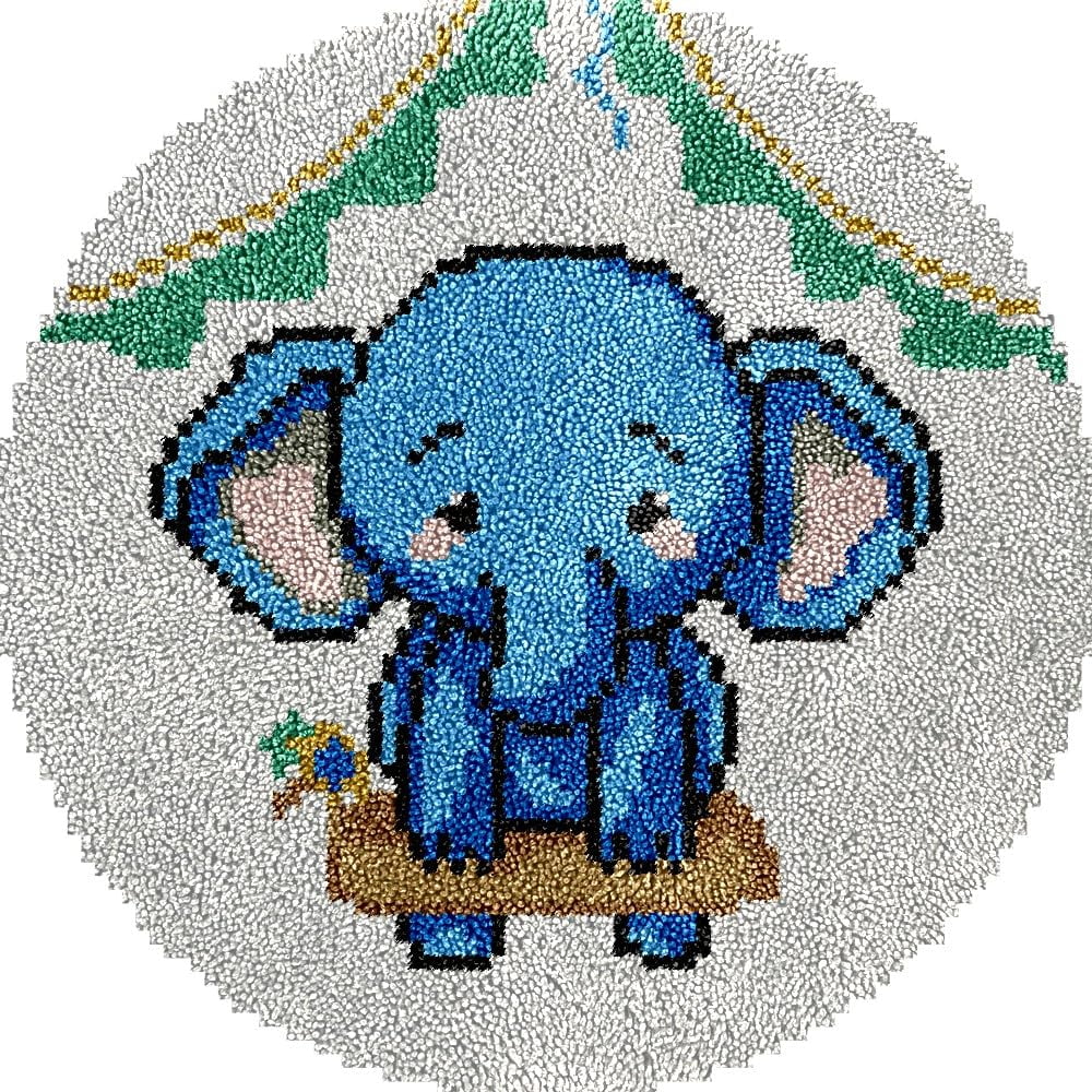 Cartoon Elephant Latch Hook Round Rug Kits Set for Starter Crochet Handmade Hooking Cushion Mat Sofa Seat Cushion Crocheting Kits with Preprinted Canvas Crochet Yarn Kits 50X50CM (r94)