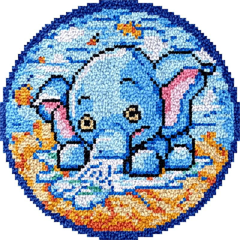 Cartoon Elephant Latch Hook Round Rug Kits Set for Starter Crochet Hook Cushion Floor Mat Sofa Seat Cushion Crocheting Kits with Preprinted Canvas Crochet Yarn Rug Kits 50X50cm (y42)