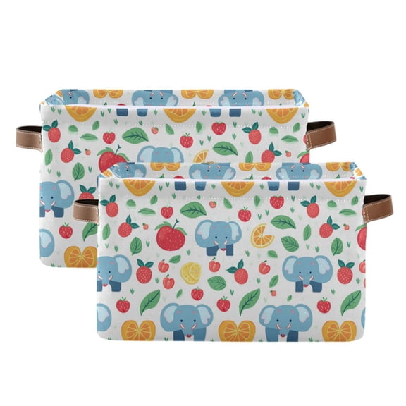 Cartoon Elephant Leaf Strawberry Storage Bins with Handle Fabric Organizer Basket Foldable Box 2 Pack 14.2x10.2x8.3