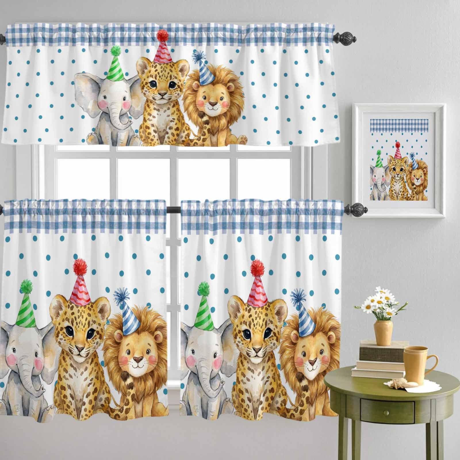 Cartoon Elephant Lion Leopard Curtain Tier and Valance Set 3 Piece ...