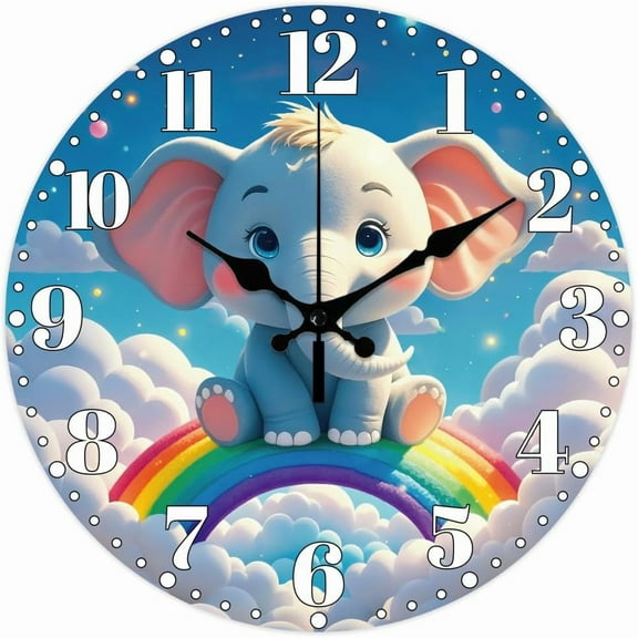 Cartoon Elephant Pattern Wall Clock 12 Inch Non-Ticking Rainbow and Clouds Pattern Clocks Round Wall Hanging Clock Battery Operated for Bedroom Living Room Kitchen Office Colorful