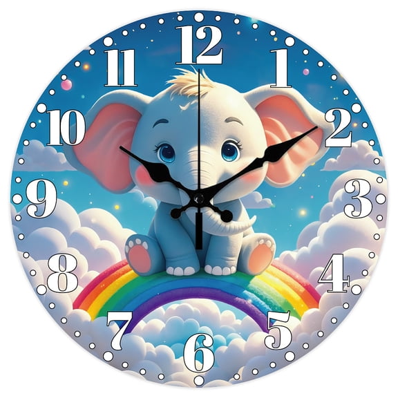 Cartoon Elephant Pattern Wall Clock 12 Inch Non-Ticking Rainbow and Clouds Pattern Clocks Round Wall Hanging Clock Battery Operated