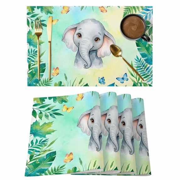 Cartoon Elephant Placemats Set of 6 Summer Butterfly Fern Tropical Palm Plants Place Mats Indoor Wipeable Table Mats Washable Dining Table Placemats for Kitchen Holiday Party Home Decor 13x19 Inch